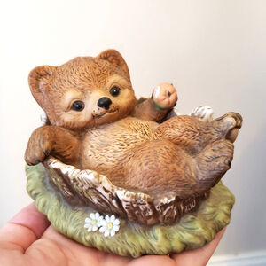 1986 Cute Baby Bear In Tree Figure By Masterpiece Porcelain By Homco Woodland